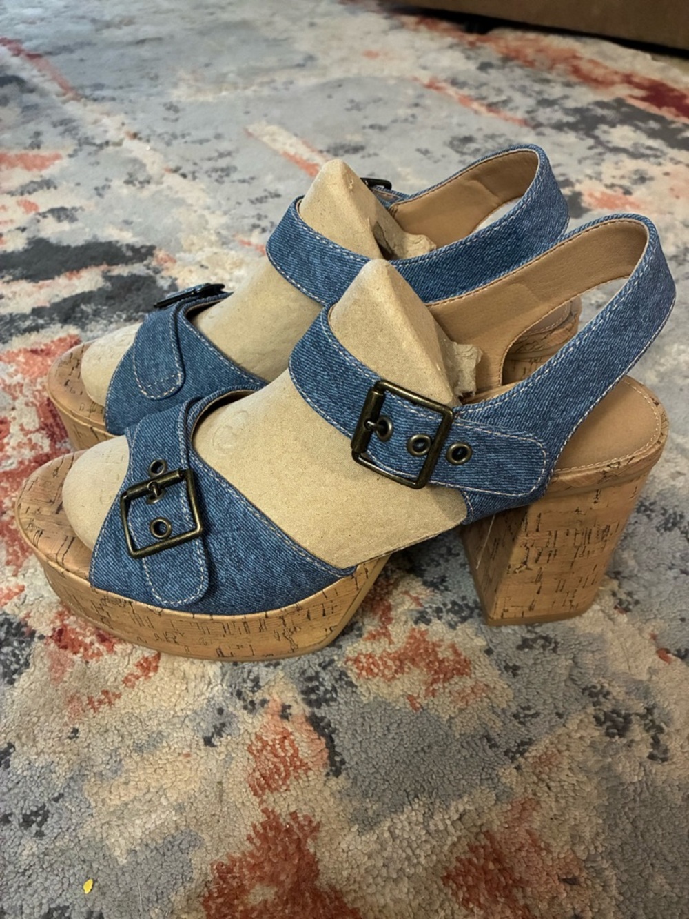 SOLD!! Report Denim Blue and Beige Cork Platform Sandals - Women